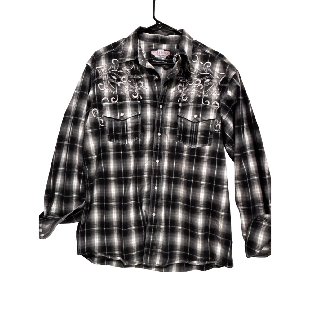 Brooks & Dunn Panhandle Slim Western Shirt Black Plaid Embroidered Mens Sz L y2k